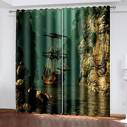 DRFQSK Vorhang Blickdicht Vorhänge Kinderzimmer Schlafzimmer Wohnzimmer Gardinen Verdunkelungsvorhang Thermovorhang Fensterdekoration 3D Rock Canyon Holzboot 260 X 140 cm(H X B) Ösenschal 2Er Set Cover