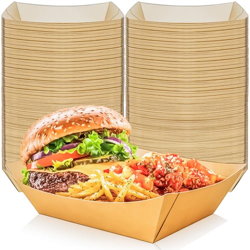 MotBach 100 Pack 4LB Paper Food Boat Trays Disposable Paper Boat Containers, Heavy Duty Large Kraft Boats, Food Serving Tray Boats Baskets for Snacks Popcorn Dessert Sandwich Burger Taco Fries Nacho