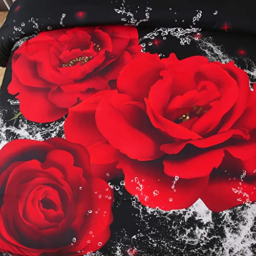 Djoymock Rose Duvet Cover Set Queen Red Floral Printed Bedding Set 3 Pieces Reversible Soft Microfiber Romantic Comforter Cover Set Home Decor For All Season (1 Duvet Cover + 2 Pillowcases) 90"X90" #TOP6