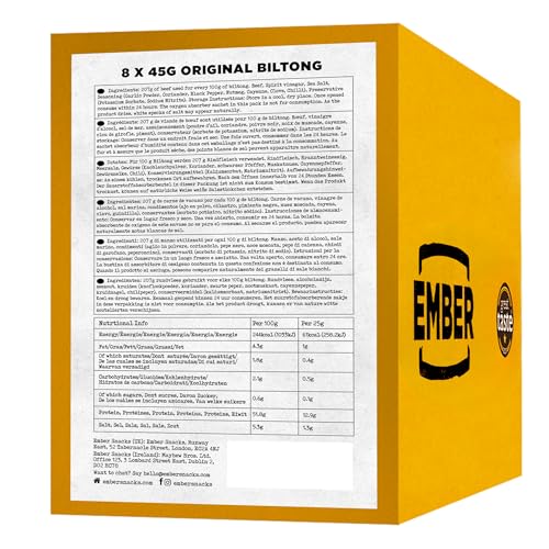 Ember Snacks: Biltong Beef Jerky Original Geschmack (8 x 45g) – Protein Keto Snack – Perfekt für unterwegs