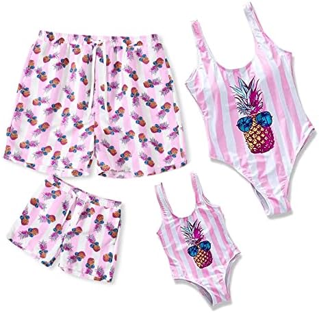 IFFEI Family Matching Swimsuit Pineapple Printed Striped Monokini One Piece Bathing Suit Beach Wear Girls 6-7 Years Pink