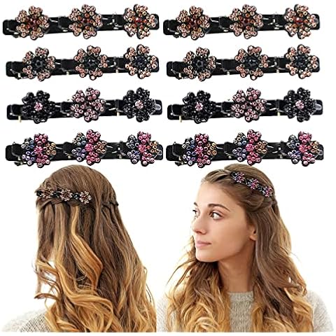 VicBou 8pcs Three Flower Side Hair Clips, Sparkling Crystal Stone Braided Hair Clips, Multi Clip Hair Barrette, Rhinestone Flower Hair Clip for Styling Sectioning Cover