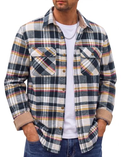 Image of Cotrasen Mens Flannel Shirts Cotton Plaid Button Down Shirt