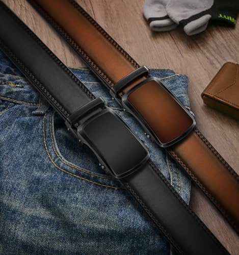 Image of KEMISANT Men Belt 2 Pack, Leather Ratchet Belt Easy Click Slide For Men 1 3 /8 inch,Cut for Fit