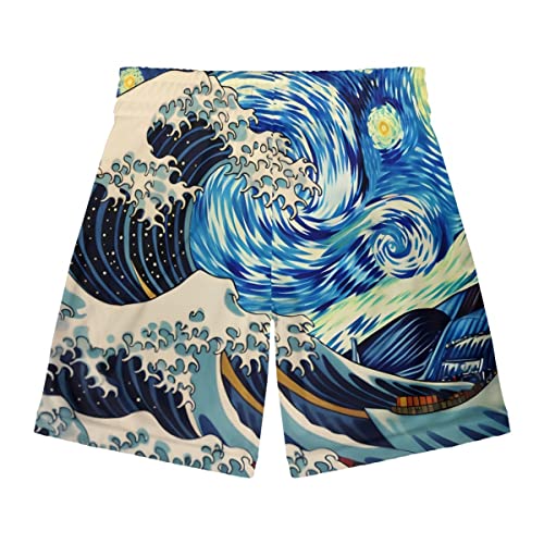 Mens The Great Wave of Kanagawa Print Sport Shorts Elastic Waist Summer Board Shorts2