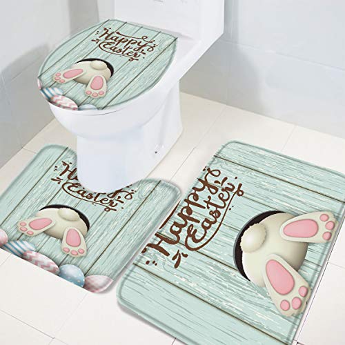 Teather 3-teiliges Badematten-Set mit Ostereiern, Badezimmermatten für Osterfrühlings-Dekorationen, U-förmige Kontur, WC… – Bild 4