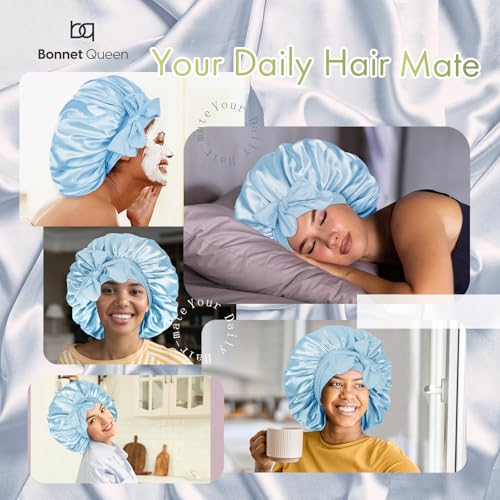 Image of BONNET QUEEN Satin Bonnet Silk Bonnet for Sleeping Women Hair Wrap Night Sleep Cap Scarf Wrap for Curly Hair with Tie Band, Large, Light Blue