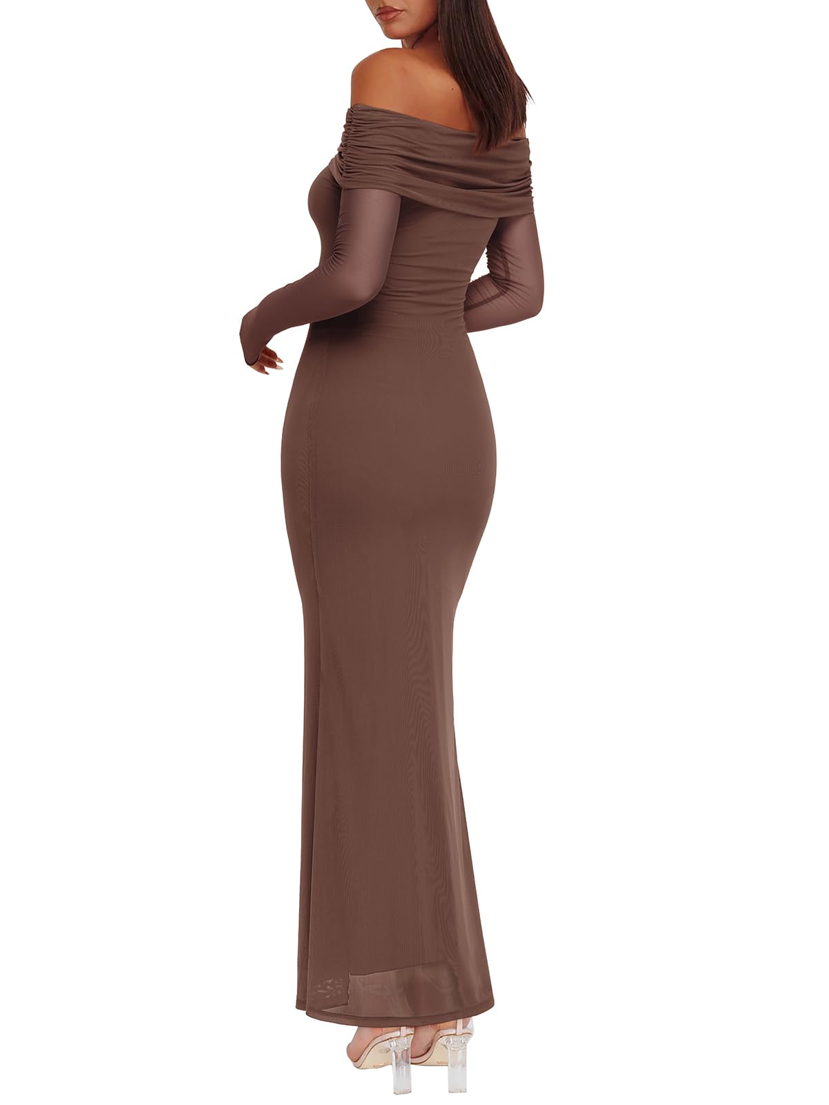 REORIA Damen Off Shoulder Langarm Kleid Elegantes Sexy Zweilagiges Stretch Mesh Maxikleid Figurbetont Modisch Für Party