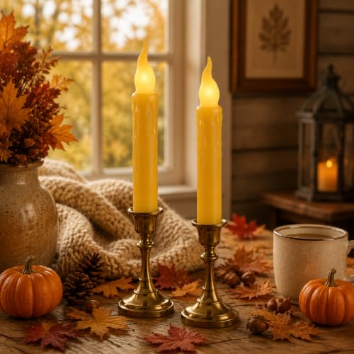 Image of Mustard Yellow Flameless Short Taper Candles, Real Wax Hand Dipped LED Battery Operated with Remote, Flickering Flame Lights for Party Home Decor, 6.7 Inch Primitive Flameless Candles, 2PCS