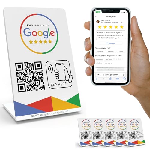 MESSAGENES Review Tap Stand for Google Reviews - QR & Tap NFC Stand - Review Us on Google Tap Stand - iPhone & Android - Boost My Reviews Stand - Set Up at Home (5 Stands)