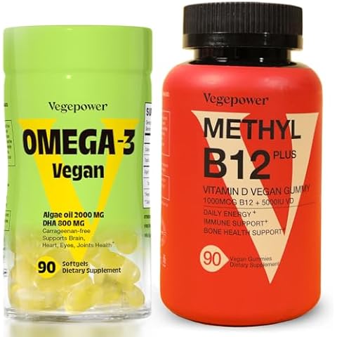 VEGEPOWER Vegan Omega-3 + Vitamin B12 Gummy | Algae Omega-3 DHA Supplements for Brain, Heart Eyes Health | Methyl B12 1000 mcg & Vitamin D 5000 IU for Energy and Immune Support - 90 Count Cover