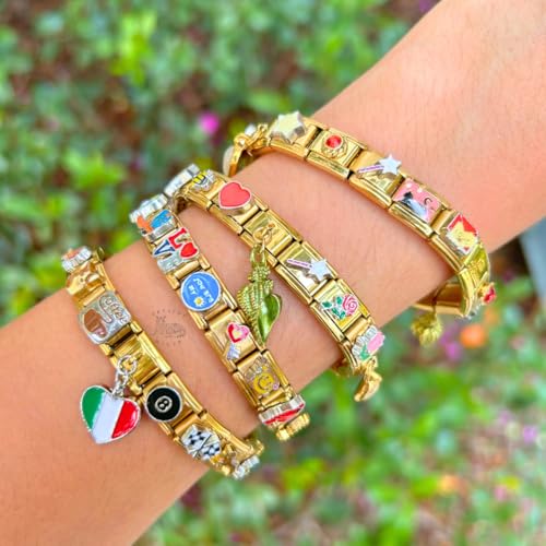Full Gold Italian Charm Bracelet - Set of 1 Assembled Vintage Style with 18 Unique Styles Links Designs Tourist Souvenir (Single Bracelet, Mystery Charms)3