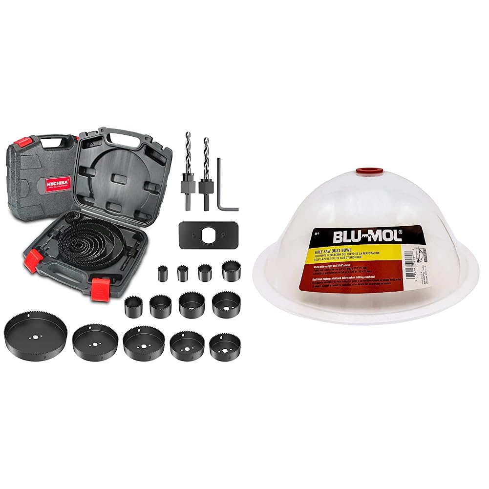 Hole Saw Set HYCHIKA 19 Pcs Hole Saw Kit with 13Pcs Saw Blades, 2 Mandrels, 2 Drill Bits & Disston E0215000 Blu-MOL RemGrit Hole Saw Accessories Silicone Dust Bowl