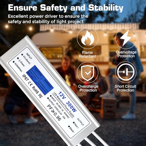 Image of LED Driver 300 Watts, IP67 Waterproof 12V Power Supply, AC 90-140V to DC 12V 25A Low Voltage Transformer with 3-Prong Plug 3.28ft Cable for LED Lights, Computer Project, Outdoor Use