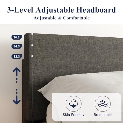 Image of Allewie King Size Upholstered Bed Frame Adjustable Headboard, Dark Grey