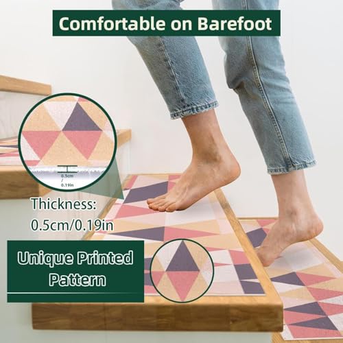 Tapetes de seguridad para escalones de madera con diseño de mosaico triangular rosa 4