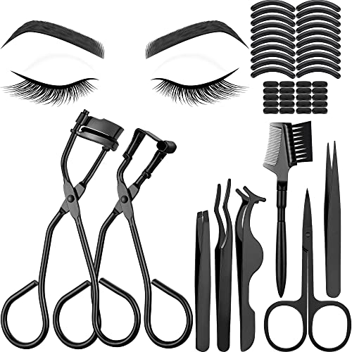 Mudder 48 Pcs Eyelash Curler Makeup Tools Set, Include Mini Eyelash Curler Kit, Eyebrow Extension Tweezers, Brush Comb and Scissors, Silicone Refill Pads, Black