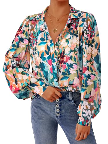 PRETTYGARDEN Women's Floral Blouses Dressy Casual V Neck Button Down Shirts Lantern Long Sleeve Boho Chiffon Fall Tops 2025