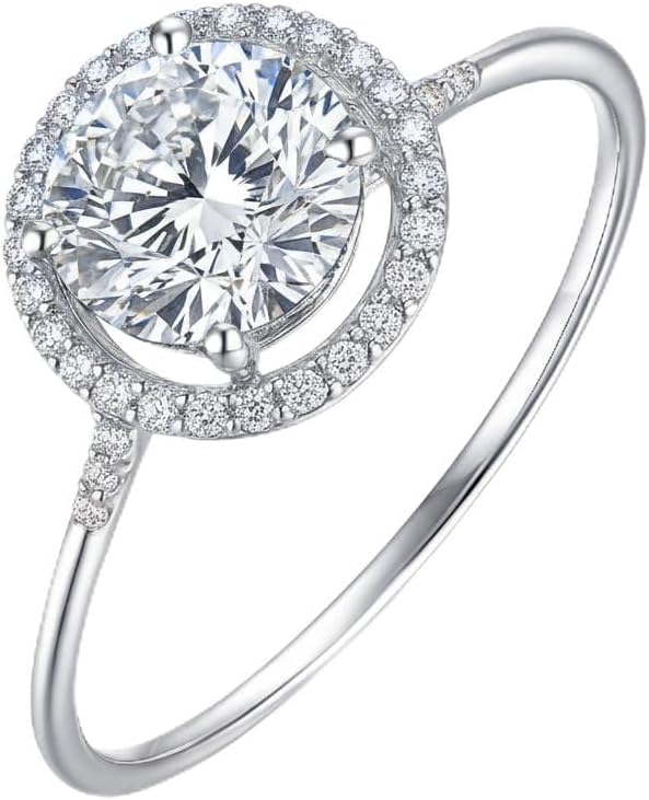 FAIRY COUPLE Dainty Halo Engagement Ring, 8MM Round Simulated Diamond (2ct Look), 18K White Gold Plated Micro-Pavé Thin Band, Floating Halo Promise Ring with Gift Box R196