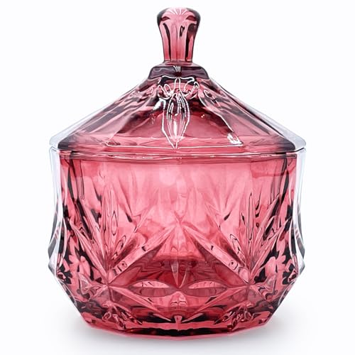 EWEIGEER Glass Candy Cookie Jar,Small Crystal Chrismas Candy Dish with Lid,Dark Feminine Decor,Vanity Bathroom Organizer(Magenta)