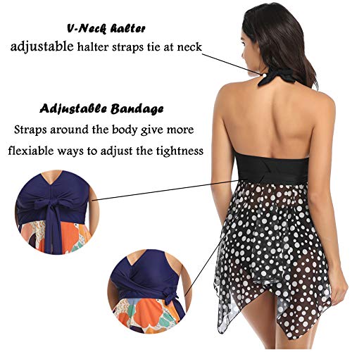 Donpapa-Damen-Badeanzug-Bauchweg-Tankini-Set-Badekleid-Mesh-Neckholder-Mit-Slip-Bademode-Push-up-Gepolstert