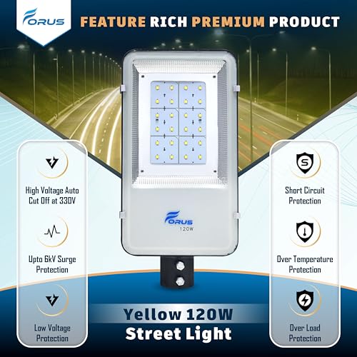 Image of Forus LED Street Light 120W Waterproof IP66 Outdoor Yellow Lamp for Home Garden Parking Lot Road Pathway Highway Warehouse Factory Yard Driveway Pole Mounted LED Streetlight 5 Years Warranty 1Pc