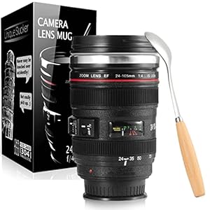 Splend Kaffeetasse mit Löffel, Kamera Objektiv Kaffeetassen Becher Tasse mit Deckel Edelstahl Trommel Schale Auslaufsicherer Breiter Mund für Kaffee Milch Tee, Cano EF24 105mm f 4l