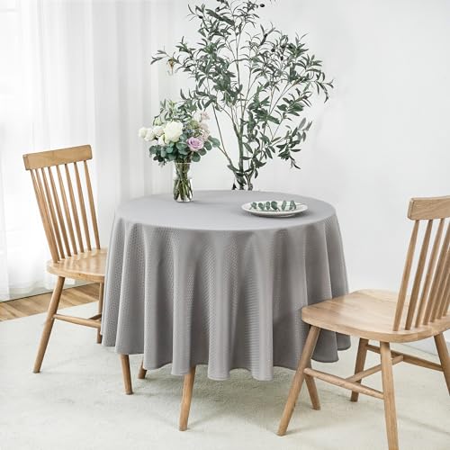 Image of maxmill Round Weaved Texture Design Tablecloth Spill-Proof Wrinkle Free Soft Washable Table Cloth for Circular Table Cover, for Dining Room Buffet Banquet Parties Holiday Dinner, 90 Inch Light Grey