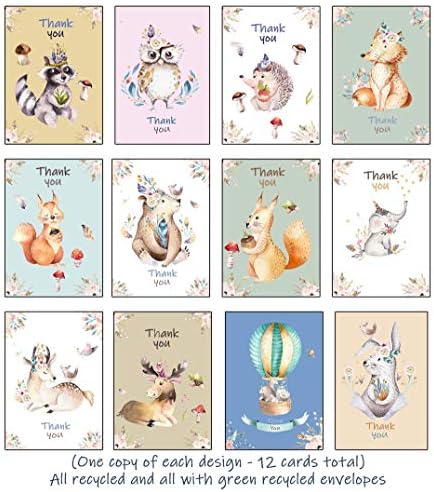 Recycled Thank You Cards - 12 Folding Animal Thank You Cards with Matching Green Recycled Envelopes