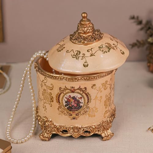 Image of DECOR BAE Flower Printed Luxurious Jewellery Jar, Resin Handcrafted Antique Premium Jewelry Storage Box for All Jewelry Necklaces Earring Ring Chain Bangle (Beige, 6.5X10 Inch)