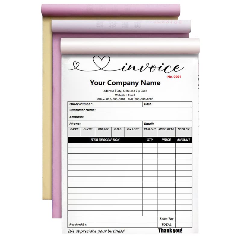 Custom Carbonless Sales Rechnungsformular Bücher für kleine Unternehmen, personalisiertes NCR 3-teiliges Quittungsbuch mit Carbon-Kopien, Cover hinzufügen Firmenname, Adresse und Nummer gedruckt