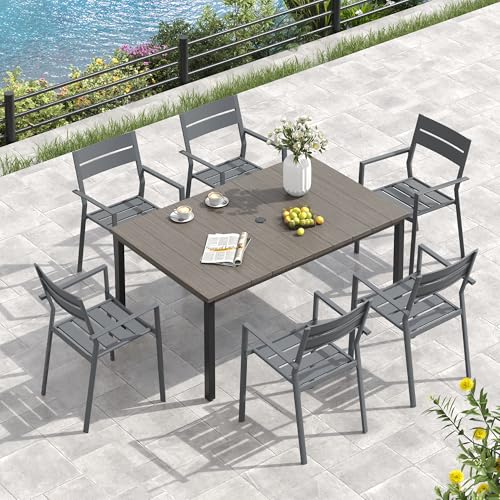 Image of VICLLAX Outdoor Table for 6, Metal Patio Dining Table with Umbrella Hole for Garden Lawn Deck Backyard, Antique Grey Tabletop