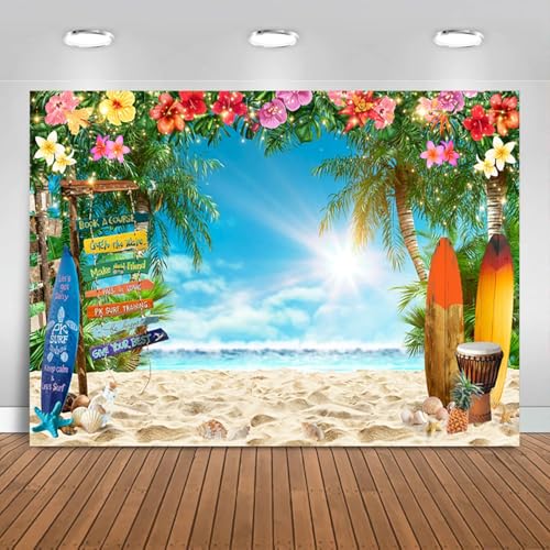 Hnmdmyi 2.1x1.5m Sfondo Spiaggia Estate tropicale palma fiore tavola da surf Street Sign Blue Sky Fotografia sfondo matrimonio compleanno hawaiano Luau Aloha Party Decorazioni Banner Photo Booth Props