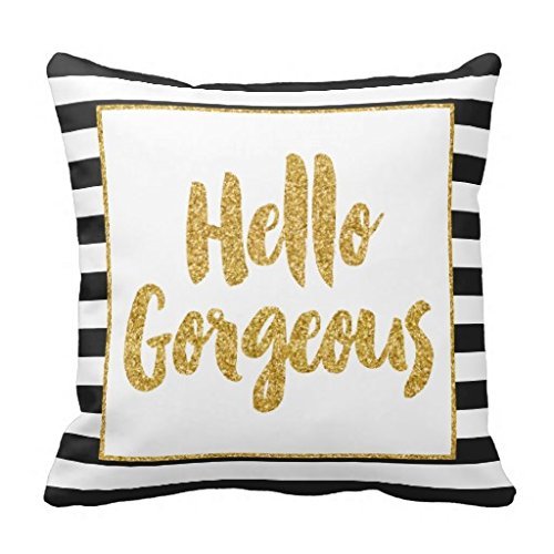 Hello Gorgeous Black White Gold Glitter Stripes Throw Pillow Case 18 x 18 Inches(Pattern: Print)