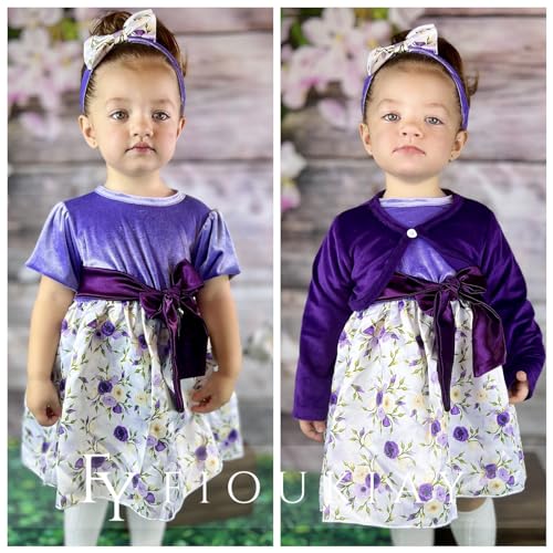 fioukiay Baby Girls Dress and Velvet Cardigan Sets Infant Girls Casual Floral Print Fall Dresses Winter with Headband3