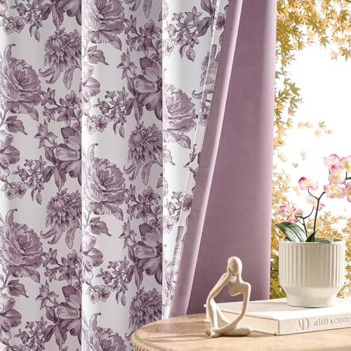 Purple Floral Curtains 84 Inches Long 2 Panels for Bedroom Grommet French Romantic Violet Flower Room Darkening Reversible Curtains for Girl Room Garden Noise Reduction Thermal Insulated Drapes, 52x84