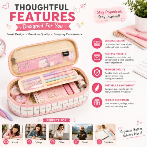 Image of Kawaii Cute Aesthetic Pencil Case for Girls & Boys | 3 Layer 6 Compartment Large Capacity Pencil Pouch with Zipper | Cartoon Stationery Organizer Bag for Students & Kids
