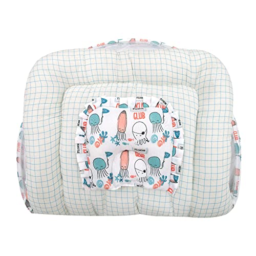 Image of TIDY SLEEP Baby Bed with Mosquito Net & Neck Pillow, Baby Gadda Set for New Born, 0M+, Printed Baby Gadda, Baby Sleeping Bed of 90cm x 65cm x 10cm(Pirates)