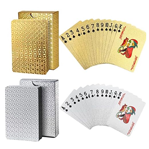 Joyoldelf 2 Decks of Playing Cards, 24K Foil Waterproof Poker with Gift Box – Classic Magic Tricks Tool for Party and Game, 1 Gold + 1 Silver