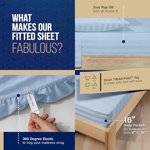 Image of TEXAS LINEN CO. 100% Egyptian Cotton Full Size Sheet Set - Luxury 1000 Series Lonestar Lovin' Damask Bed Sheets Full Size (4 PC, Light Blue Stripe), 16 inch Deep Pocket Extra Long Staple Hotel Sheets