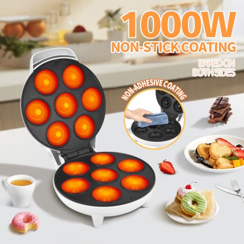 Image of DSP Mini Donut Maker - Non-Stick, 7 Donuts, Cool-Touch | Quick 3-Min Baking, Indicator Lights, Easy Wipe-Clean, Breakfast /Snacks /Desserts