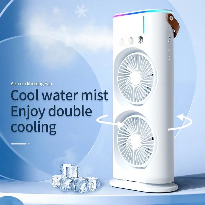Image of Double Layer Mini Air Cooler Fan with Mist & Water Tank, Portable USB Rechargeable Desk Fan with Ice Cooling, 3 Speed Personal Air Cooler for Home, Office & Travel