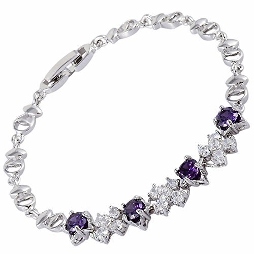 Rizilia Tenis Pulsera [18cm/7inch] con Corte Redondo Piedras Preciosas Circonita CZ [Amatista Púrpura] en 18K Chapado en Oro Blanco, Elegancia Moderna Sencillo