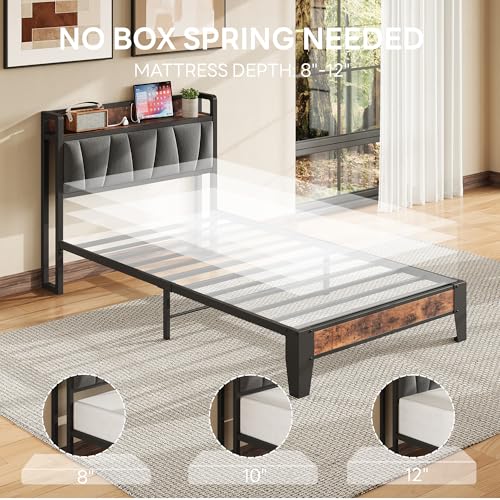 Image of LIKIMIO Twin Bed Frames, Storage Headboard with Charging Station, Solid and Stable, Noise Free, No Box Spring Needed, Easy Assembly