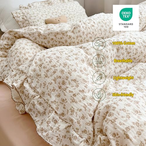 Image of BuLuTu Soft Cotton Muslin Duvet Cover Girls Kids Floral Duvet Cover Beige Crib Bedding Comforter Cover Quilt Cover, 47 inchx59 inch, Camellia Print (Pillowcases Not Included)