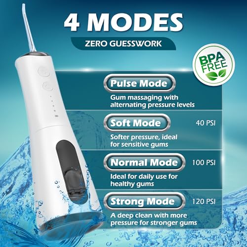 Image of High-Pressure 120PSI Water Dental Flosser with 300ml Reservoir - Portable Water Flosser for Teeth & Gum Cleaning - Rechargeable with 4 Pressure Modes, 1600 Pulses /Minute & IPX7 Waterproof