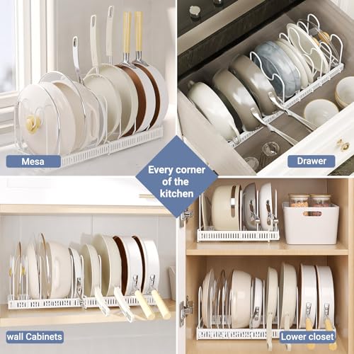 ZxrFxr Adjustable Pots and Pans Organiser: Expandable Pans Organiser Rack Storage and Pan Lid Holder with 10 Dividers and Non Slip Feet for Housewife Kitchen Use (White) - Image 4