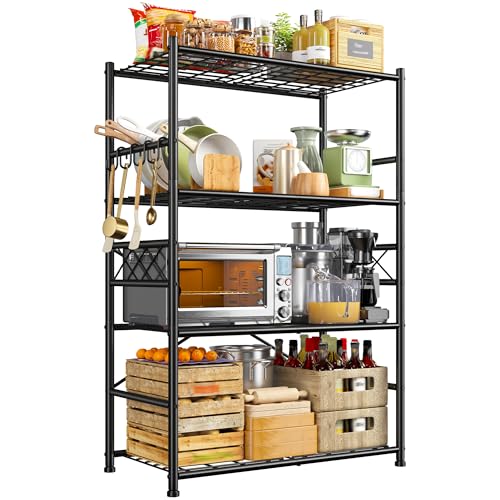 Storage Shelves 4-Tier Large Capacity Metal Shelving with Hooks, Heavy Duty Garage Shelving Unit with Leveling Feet, Stable Metal Shelves for Pantry, Kitchen and Closet,36″ W x 12″ D x 60″ H, Black