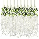 CEWOR 24pcs Wisteria Hanging Flowers 3.6ft Artificial Vines Fake Garland Silk Flower String for Wedding Party Garden Outdoor Greenery Home Wall Decoration (White)