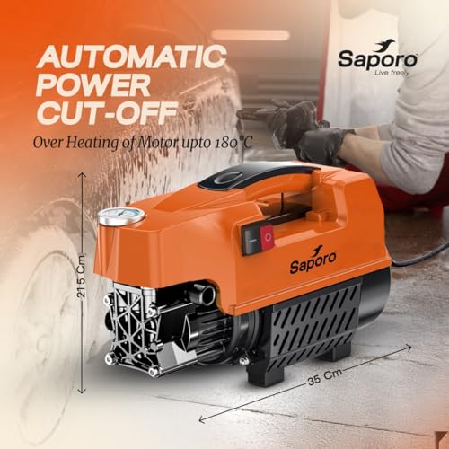Image of Saporo Quickjet High Pressure Car Washer, 1800W Portable Pressure Washer with 120 Bar, 6.5 L /min Flow Rate, Self Priming, Auto Stop System, 8m Outlet Hose, 9 Accessories for Car, Bike & Home Cleaning